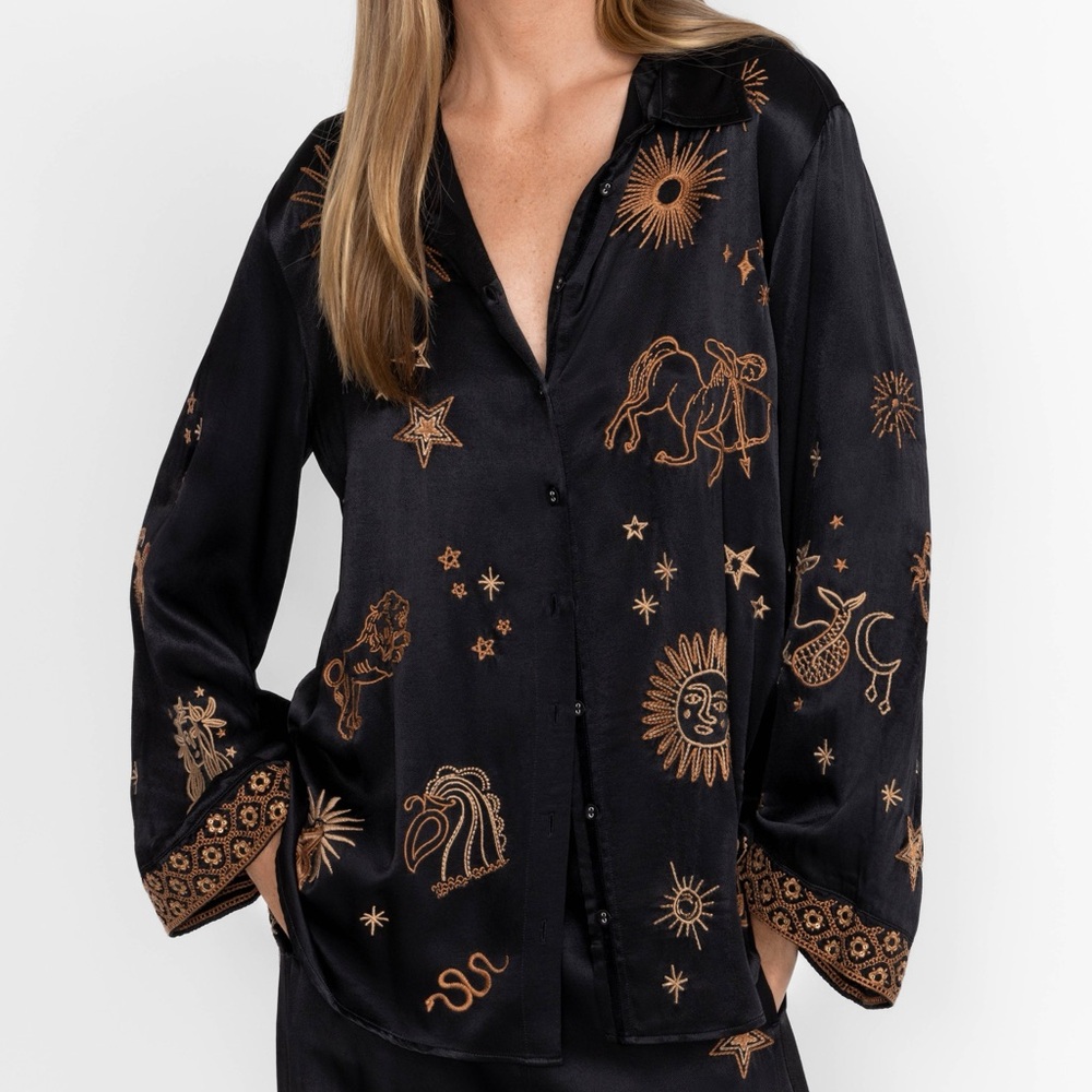 Johnny Was Black Silk Button-Down with Copper Celestial Embroidery